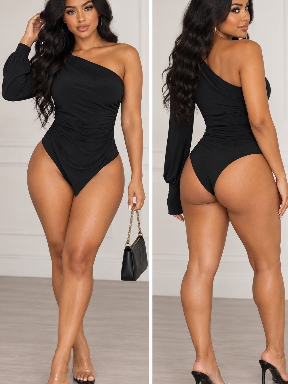 bebe One-Shoulder Black Ruched Long-Sleeve Swimsuit